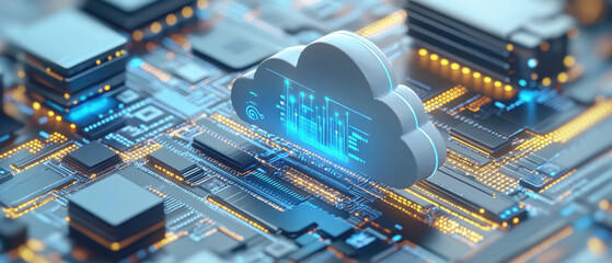 Cloud Technology,  3D illustration of cloud migration, file integration, and fast data transfer
