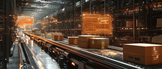Warehouse Technology,  A busy warehouse scene showcases a conveyor belt laden with cardboard boxes, enhanced by interactive wireframe holograms highlighting sorting metrics. The