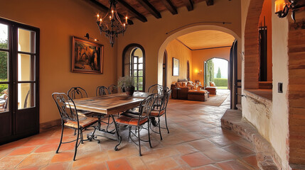 Warm, earthy interior design concept with terracotta floors, wrought iron accents, and rustic wooden furniture, evoking the charm of the Italian countryside.
