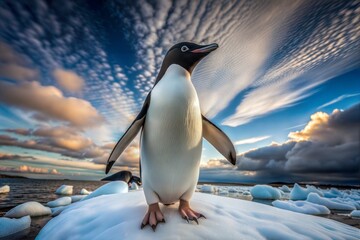 Fototapeta premium A Adelie penguin standing on an ice floe against a dramatic cloudy sky