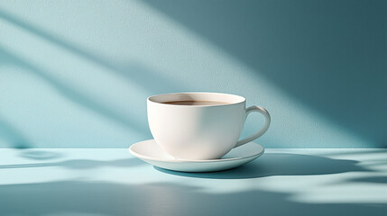 Obraz premium white cup mockup, A minimalist white cup mockup set against a soft blue background, highlighting its sleek design and gentle shadows