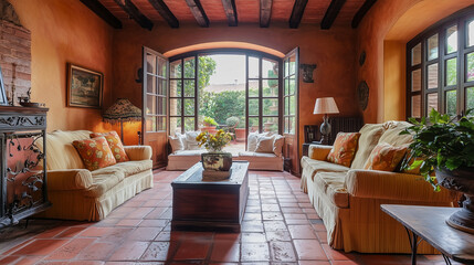 Fototapeta premium Warm, earthy interior design concept with terracotta floors, wrought iron accents, and rustic wooden furniture, evoking the charm of the Italian countryside.