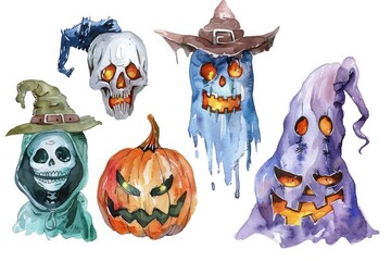 Watercolor Illustration of Halloween Characters: Skulls, Ghosts, and a Pumpkin