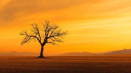 Fototapeta premium Silhouette of a Tree at Sunset Over Mountains