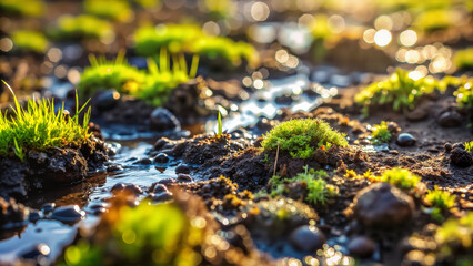 Fototapeta premium Close-Up of Fresh Green Grass Growing in Wet Soil with Water Puddles, Symbol of Nature Renewal