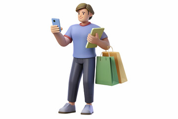 Flat Candid Illustration of Shopper Comparing Prices on Phone with Coupons - Real Life Retail Decision Making for E-commerce Marketing