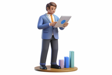 Flat Vector Illustration of Candid Businessman Analyzing Coupon Performance Data on Tablet in Modern Office - Ideal for Marketing and Data-Driven Strategies