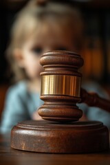 Close up of a gavel with a blurred child in the background, representing a custody decision