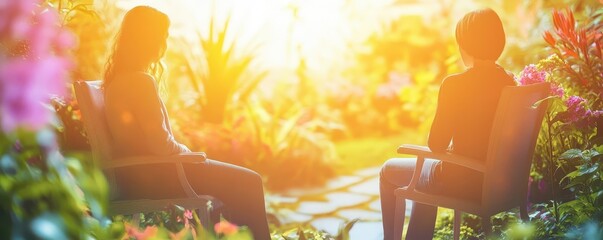 A comforting scene of emotional support during a counseling session, close up, wellness and self-discovery, surreal, multilayer, tranquil garden backdrop