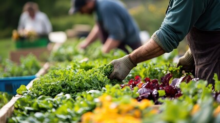 Fototapeta premium Biodynamic produce being harvested and prepared for a local market.