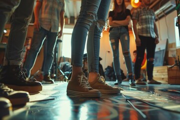 Fototapeta premium A group of young adults in a workshop, brainstorming and collaborating on projects. They are standing close together, indicating teamwork and discussion.