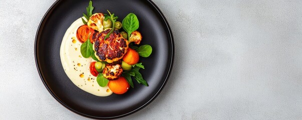 Artful plating of a vegan fine dining dish, featuring roasted cauliflower steak, cashew cream, and charred leeks on a dark ceramic plate