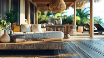 Brightly lit modern tropical resort with palm trees, huts, and inviting sunny poolside areas.