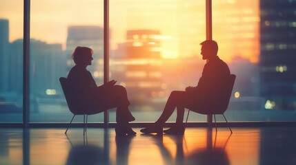 Empathy and active listening during a wellness conversation in therapy, focus on, emotional balance and recovery, dynamic, silhouette, modern city office backdrop