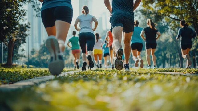 Group jogging together in a city park, raising awareness about heart health and prevention through cardio close up, community fitness, dynamic, fusion, urban green space backdrop