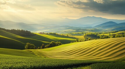Fototapeta premium Breathtaking agriculture landscape with rolling fields and distant mountains.