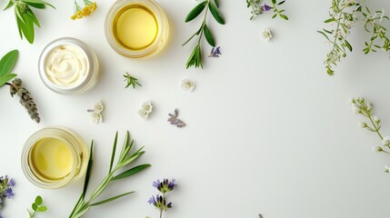 Bottles of essential oils, lotion, and dried herbs for skincare, aromatherapy and hydration.