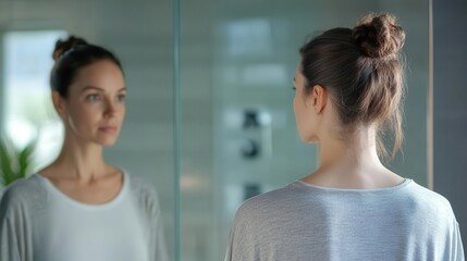 Woman facing her reflection post-therapy