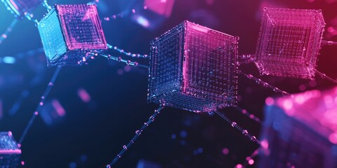 3D rendering of a digital blockchain with floating cubes and networked lines against a vibrant backdrop, symbolizing the future of technology.