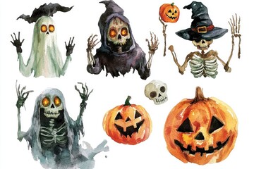 Obraz premium Watercolor Illustrations of Halloween Characters and Pumpkins