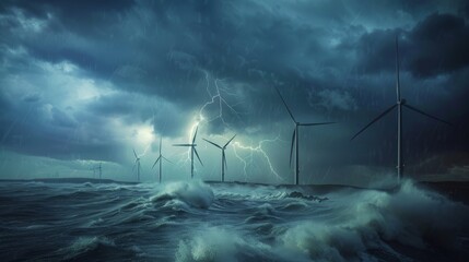 Dramatic Storm Over Wind Turbines in Turbulent Sea