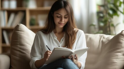 Fototapeta premium Woman journaling after therapy, reflecting on her growing resilience and personal strength focus on, self-discovery, surreal, blend mode, peaceful home office backdrop