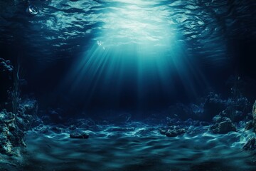 Naklejka premium panorama of deep sea underwater scene with volume lights