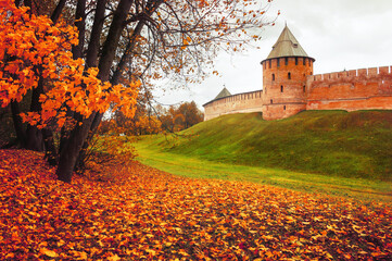 Veliky Novgorod, Russia. Veliky Novgorod Kremlin fortress in the cloudy October day, autumn travel landscape with Veliky Novgorod landmark