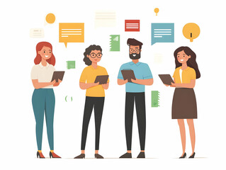 Obraz premium Flat Candid Business Team Collaboration on Digital Coupons Strategy Meeting - Vector Illustration for Marketing & Promotions