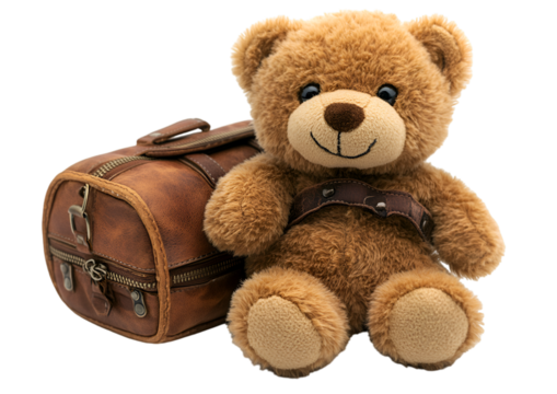 a teddy bear sitting next to a leather bag. 