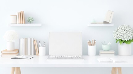 A modern home office with a focus on thought leadership books and a clean, minimalist background for text copy space
