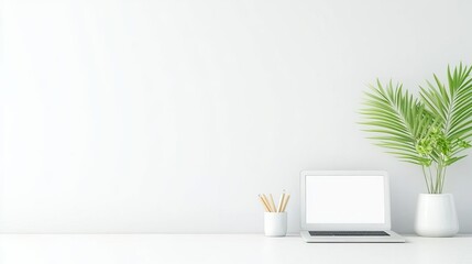 Fototapeta premium A modern office setup for remote work, featuring a laptop displaying a leadership webinar, with an expansive white wall for text copy space