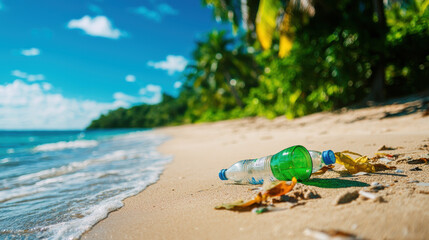 Obraz premium Plastic bottles and trash washed up on a pristine beach, symbolizing the human impact on natural environments