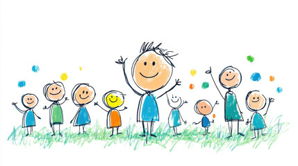 Fototapeta premium A vibrant hand-drawn illustration of a group of smiling children playing outdoors, surrounded by colorful dots and a grassy field.
