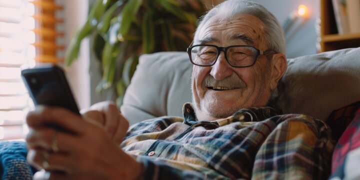 An elderly man is seen using a smartphone for communication or entertainment. He appears engaged with the device, highlighting the increasing role of technology in all age groups.