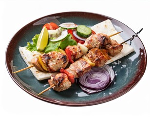 Souvlaki on plate isolated on white background