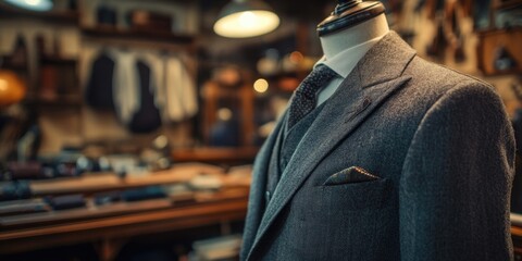 This is an image of a mannequin displaying a business suit for sale in a tailor shop or clothing store. The suits are well-tailored and suitable for formal wear events.