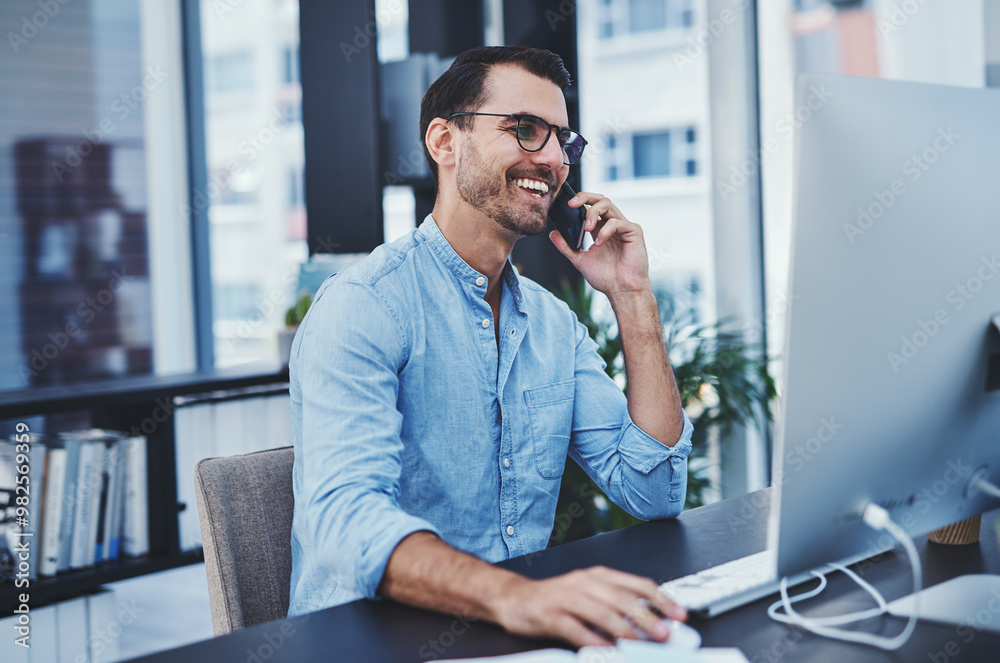 Poster Phone call, computer and man in office with business networking, communication and contact. Connectivity, happy and male web developer on mobile discussion for coding information with technology.
