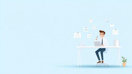 A remote leader giving a virtual presentation on business growth, with a large area of negative space in the background for text copy