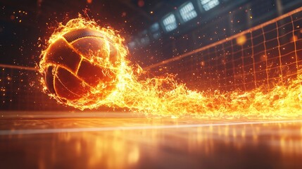 A volleyball soars through the air, surrounded by flames, during an intense match in a dynamic indoor arena
