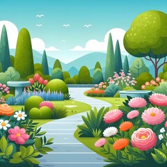 Flat Design Garden Scene