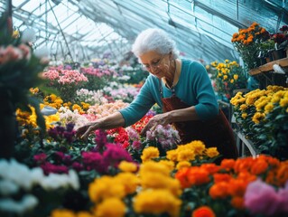 An elderly woman in an apricot, tending to a beautiful variety of colorful flowers in her greenhouse. - Powered by Adobe