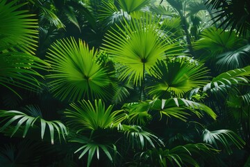 Vibrant green tropical leaves on thick palm fronds. Dense jungle environment.