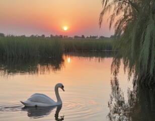 Fototapeta premium Swan at sunrise on tranquil lake