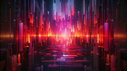 Futuristic abstract city with red and blue light beams and vertical structures