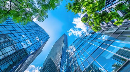 A captivating view of the background with modern commercial high - rise buildings. The buildings have sleek and stylish designs. They stand tall and proud, reaching towards the sky. There are large gl