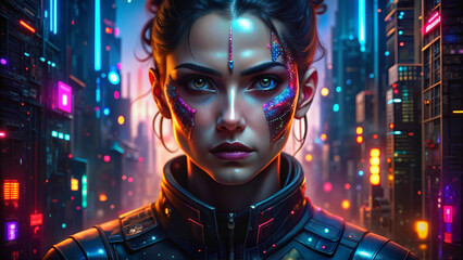 Cyberpunk woman with glowing facial enhancements in neon-lit futuristic city
