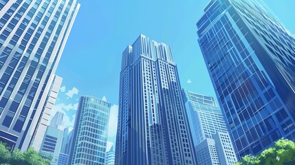 Obraz premium A captivating view of the background with modern commercial high - rise buildings. The buildings have sleek and stylish designs. They stand tall and proud, reaching towards the sky. There are large gl