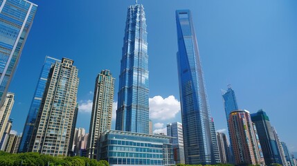 Obraz premium A captivating view of the background with modern commercial high - rise buildings. The buildings have sleek and stylish designs. They stand tall and proud, reaching towards the sky. There are large gl