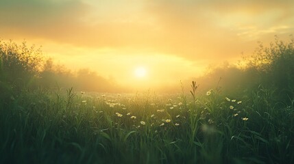 Golden Sunrise Over a Field of Daisies and Fog